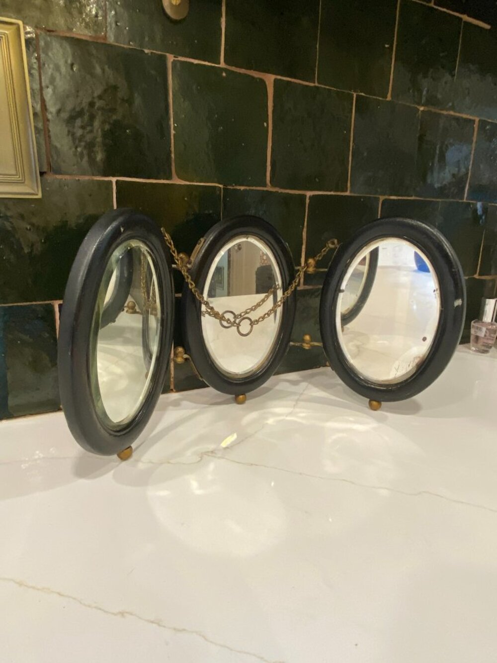 Tri-Fold 3-Panel Oval Tabletop Vanity Mirror, Black Metal Frame Brass Finish